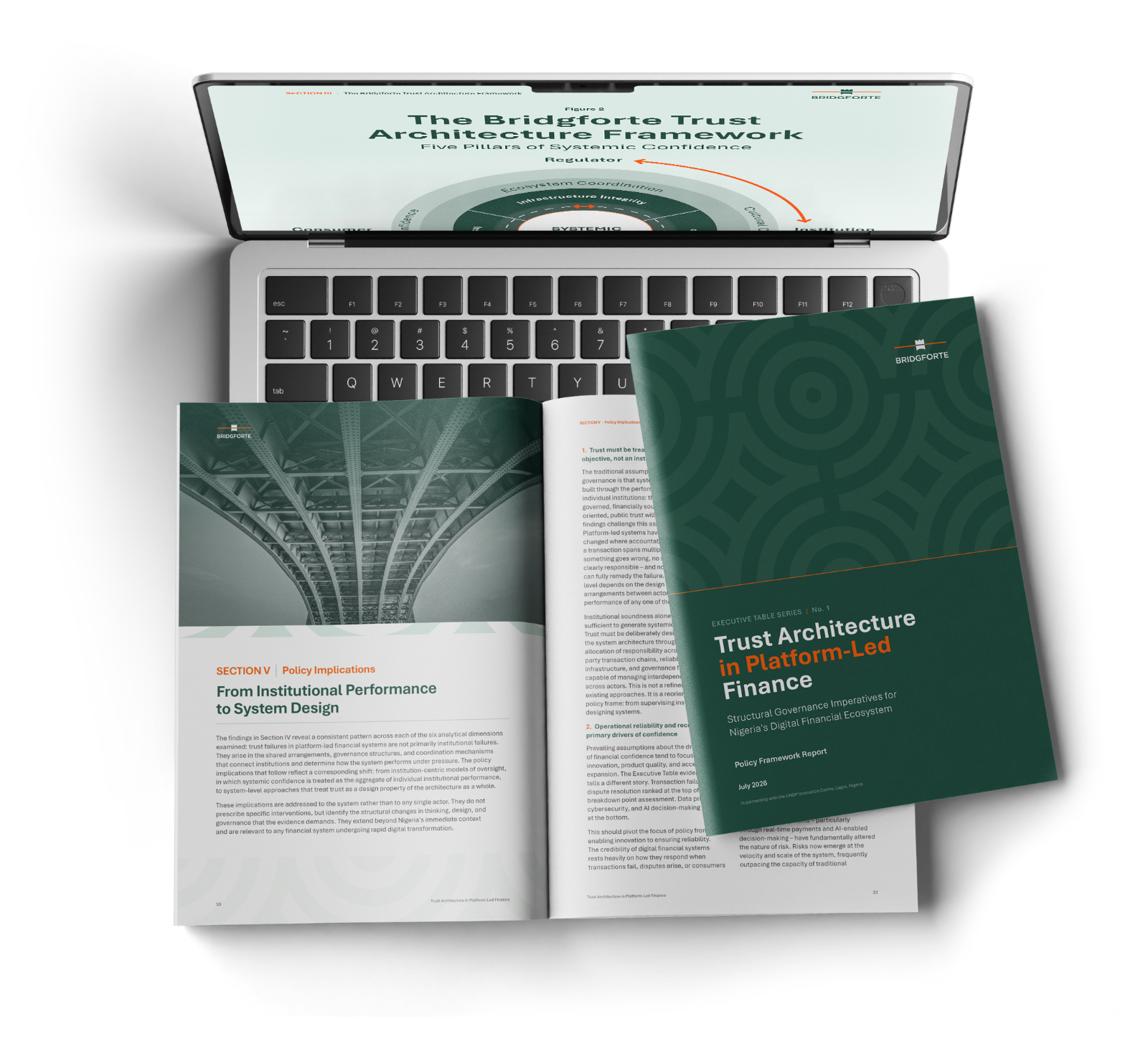 The report on screen and in print: the Trust Architecture Framework diagram, an open spread, and the cover