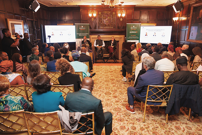 A panel conversation in front of a full room at Bridgforte Dialogues @ UNGA 81