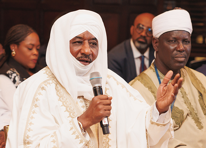 HRH Muhammadu Sanusi II, Emir of Kano, speaking with a microphone at Bridgforte Dialogues @ UNGA 81